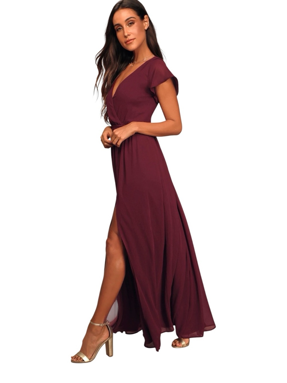 Lulus Lost in the Moment Maxi Dress Women Small Burgundy Lined Cap Sleeve V-Neck